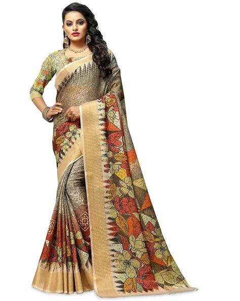 Orange & Rani-pink embroidered Tussar-Silk Net saree - Online Fashion Marts  - 345165