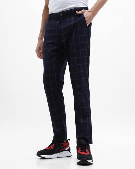 Checked Slim Fit Mid-Rise Trousers
