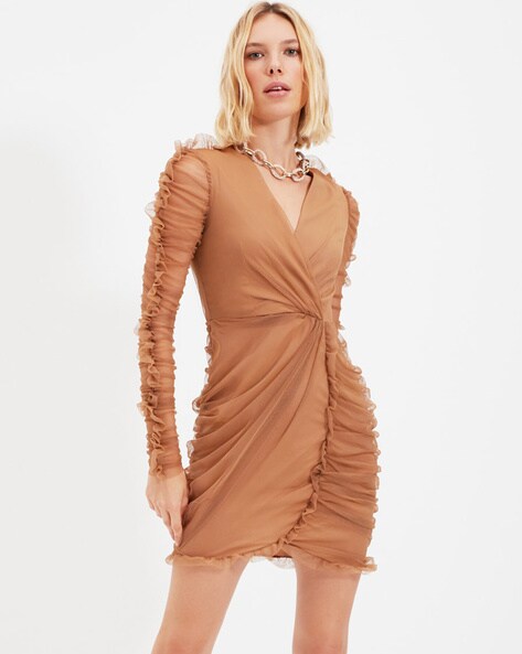 ruched wrap bodycon dress