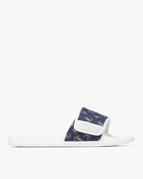 Buy Jimmy choo Fitz Jacquard Woven Sliders Navy Blue White