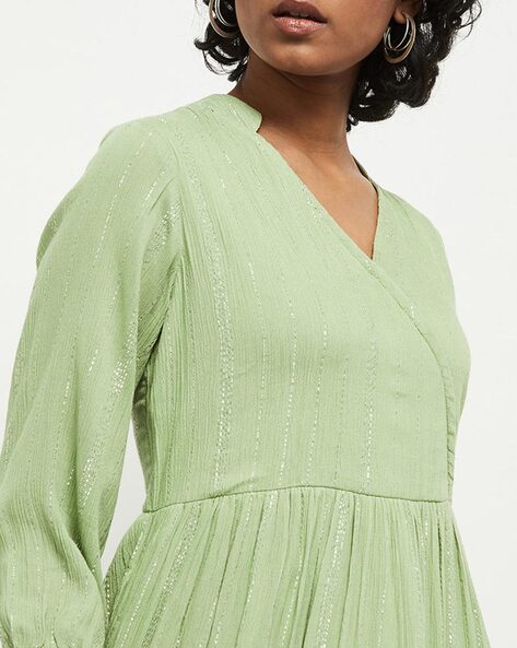 olive polka dot pleated wrap dress