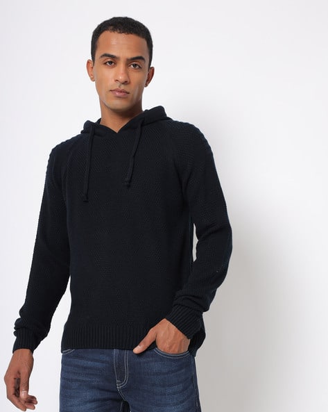 Textured Cotton Hooded Pullover with Raglan Sleeves