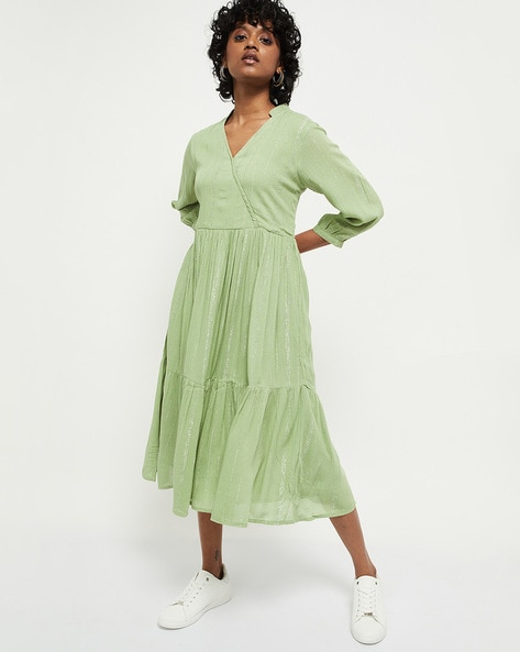 olive polka dot pleated wrap dress