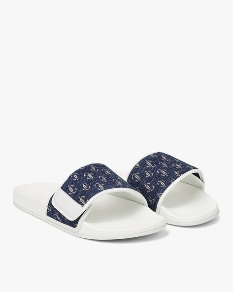 Buy Jimmy choo Fitz Jacquard Woven Sliders Navy Blue White