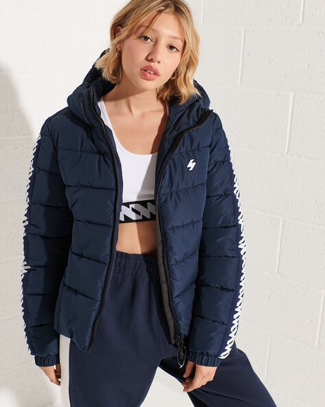 Navy Puffer Jacket With Inside Contrast Hoodie