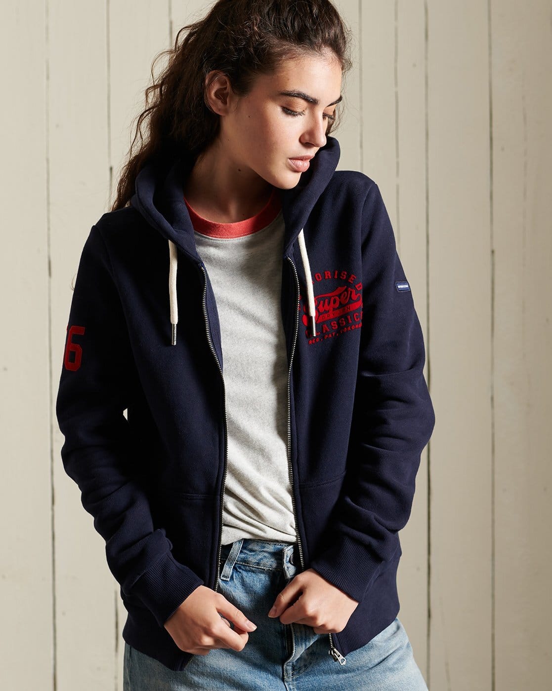 Script Style Col Zip-Front Hoodie with Insert Pockets