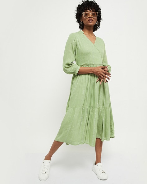 olive polka dot pleated wrap dress