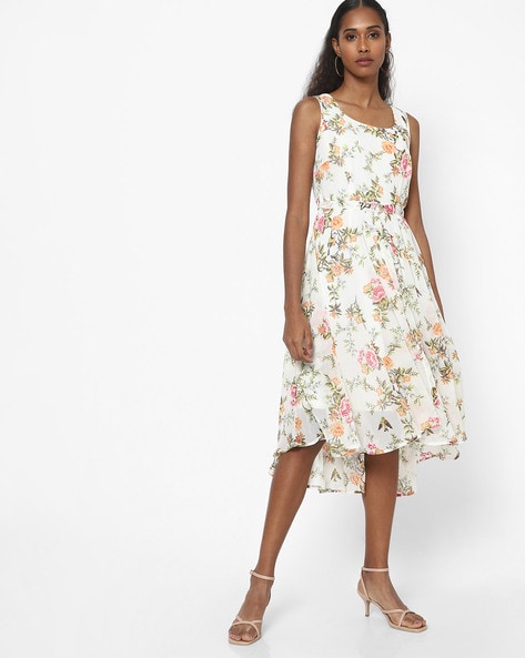 Off White Floral Georgette Mini Dress - BITTERLIME