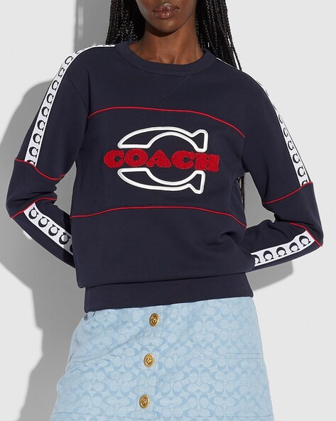 Buy Coach Slim Fit Crew-Neck Sweatshirt with Brand Logo | Navy Blue Color  Women | AJIO LUXE
