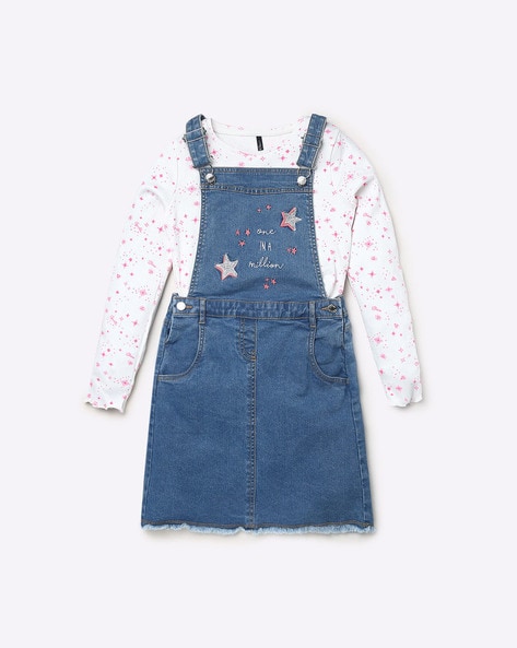 Buy Blue Embroidered Denim Dungaree for Girls Online at KIDS ONLY |  219012001