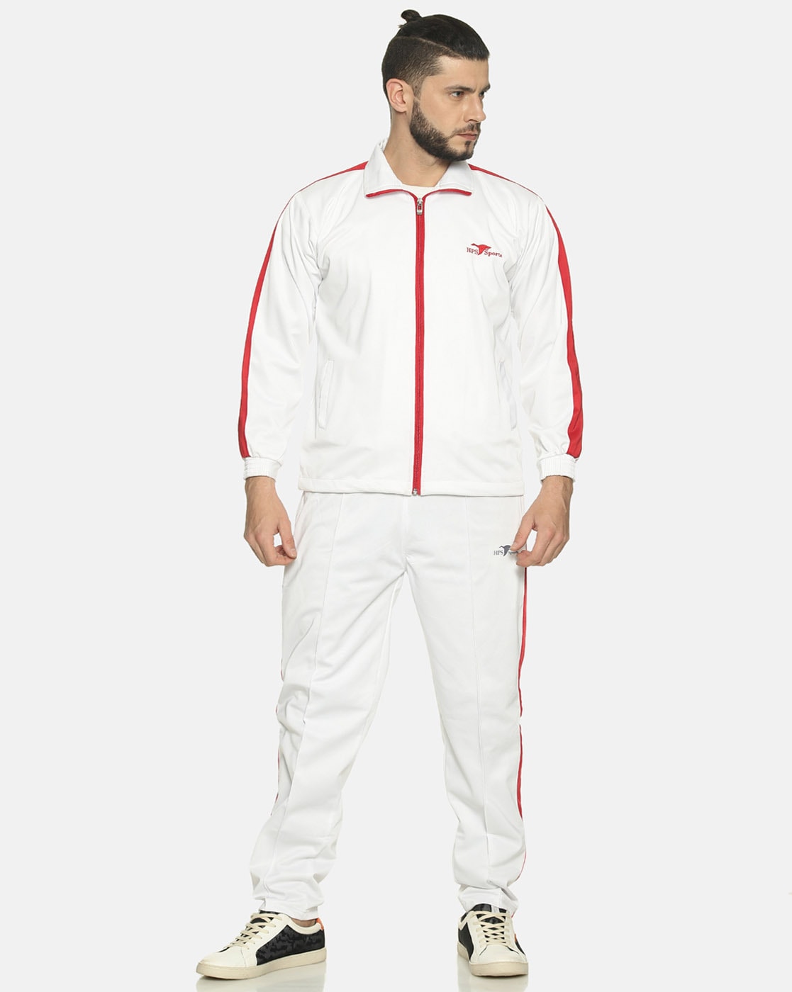 White adidas tracksuit hot sale with red stripes