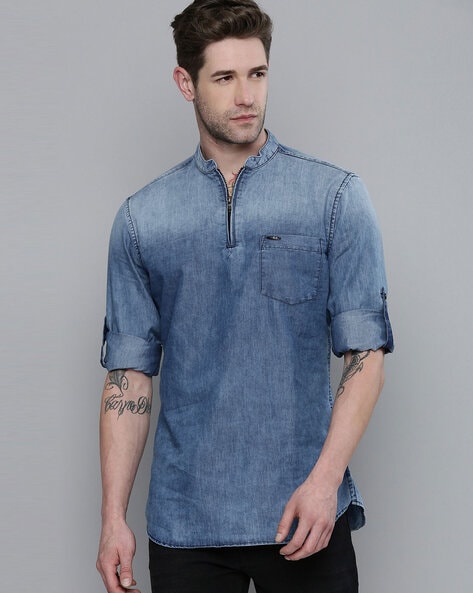 The Indian Garage Co Mid-Wash Slim Fit Short Kurta with Patch Pocket