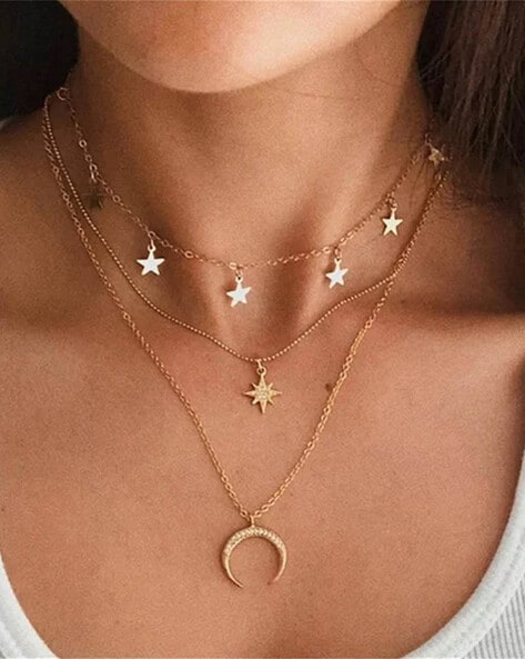 Buy Moon and Star Necklace Elegant and Dainty Star and Moon Pendant 9k Gold  Coated Crescent Moon Jewelry, Star Layered Necklace Online in India - Etsy