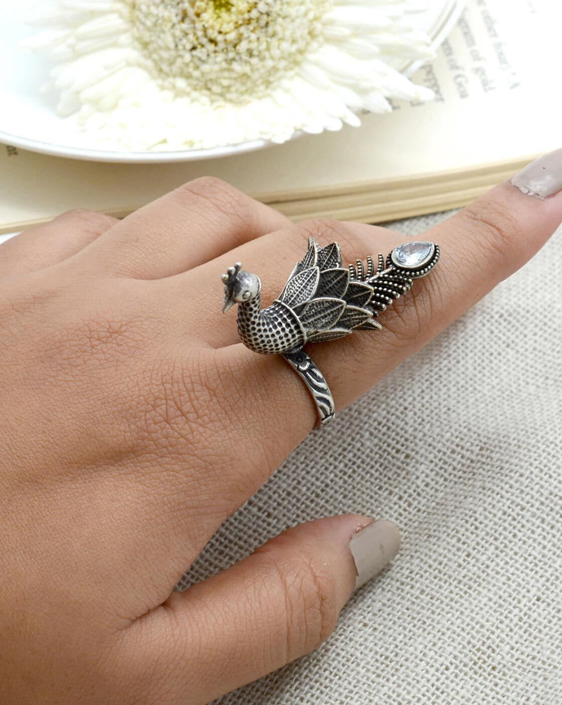 New Bridal Collection: Rhodium Silver Plated Peacock Adjustable Finger Ring  with American Diamond Stones for Women - Online Shopping | Sasitrends
