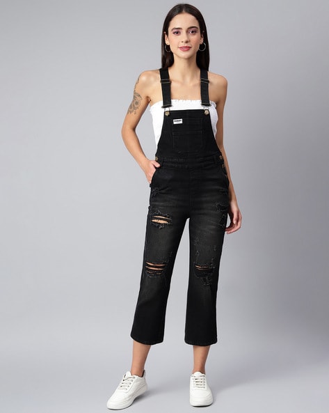 Black ripped dungarees sale