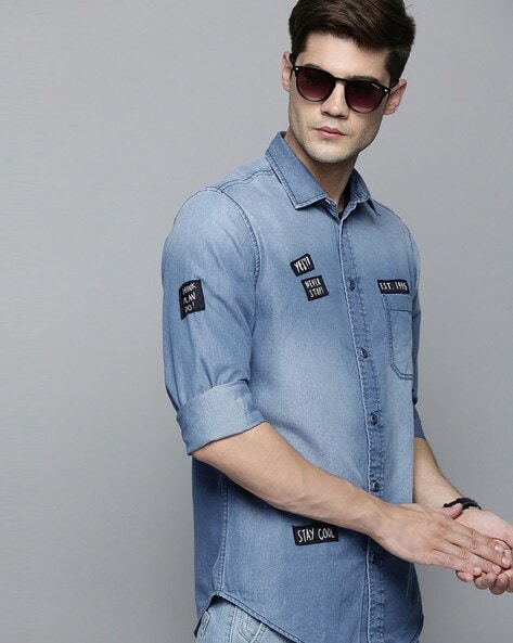 Denim Shirt Jacket Mens designer Dark Blue Wash Solid shirt jeans plain  plane shartes slim trendy