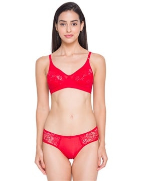 Buy Clovia Red Solid Lace Single Bra Bralette & Bikini Panty Set
