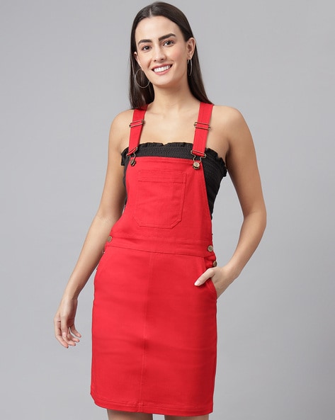 Buy FINSBURY LONDON Women's Dungaree Dress with Contrast Piping - Ebony  Black for Women Online in India
