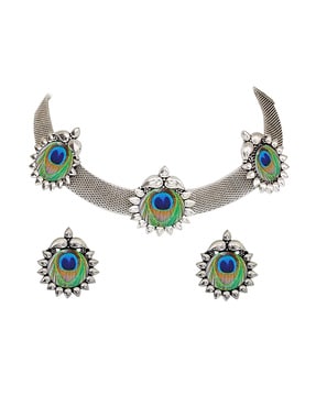 Peacock feather necklace and earrings set sales