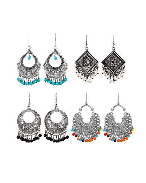 Oxidised Silver Beaded Afghani Chandbali Stud Earrings||Silver||Set of 1 -  SpazaShop