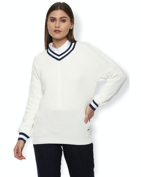 V neck 2025 white sweater