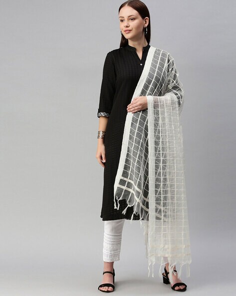 Checked Organza Dupatta with Tassels Price in India