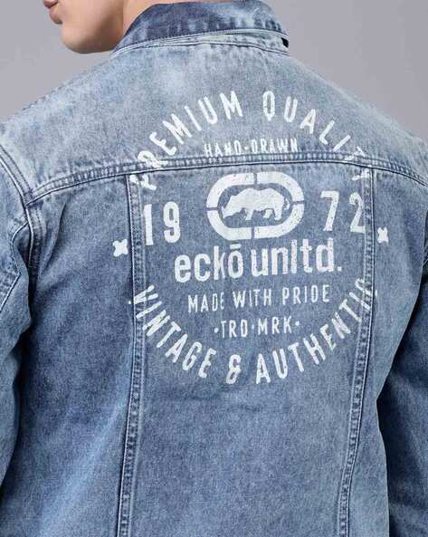 Typographic Print Washed Denim Jacket with Buttoned Flap Pockets