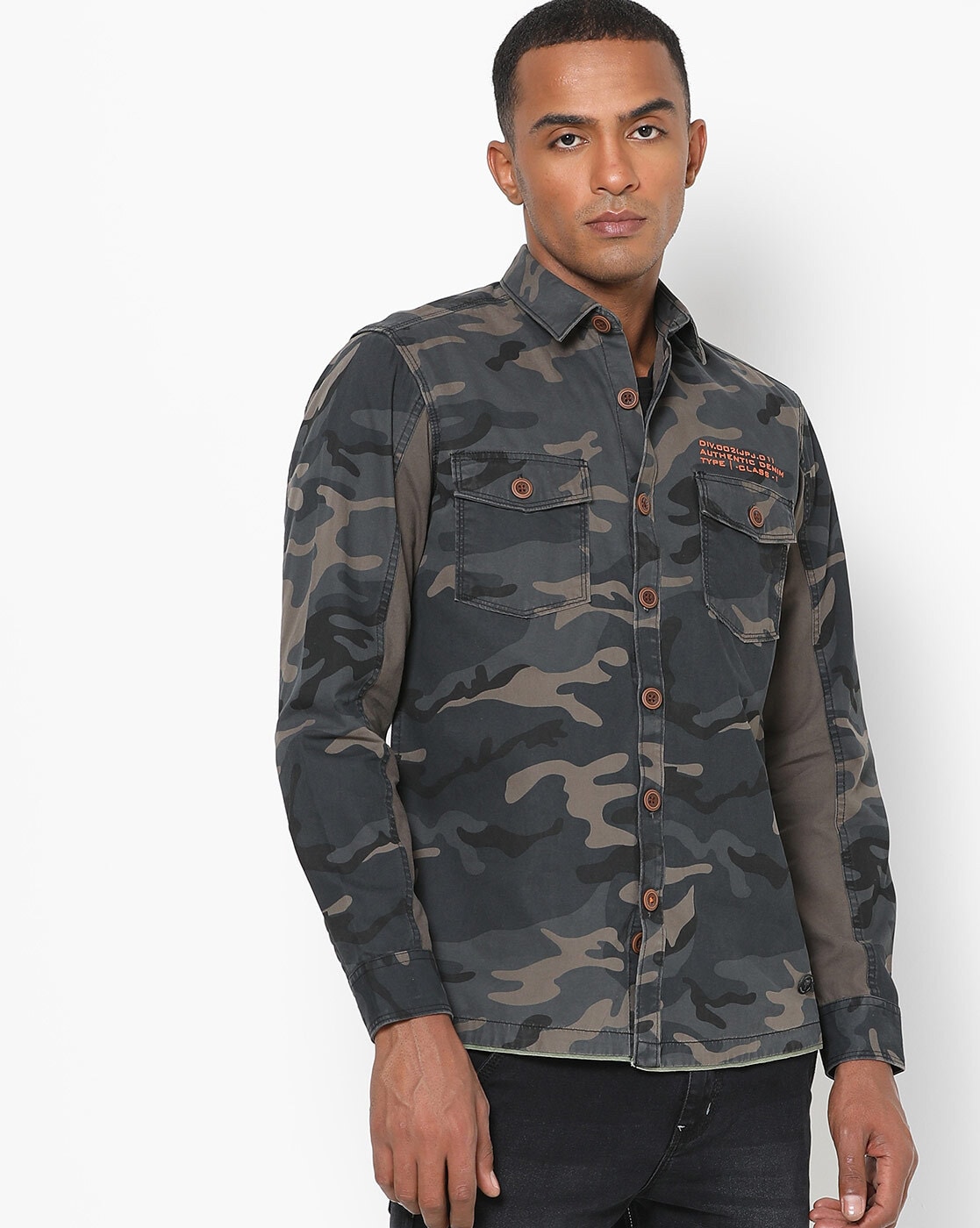 Khaki Camo Print Slim Fit Denim Shirt