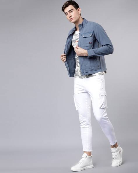 High Neck White T Shirt With Denim Jacket White Printed Drop