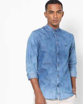 no collar denim shirt