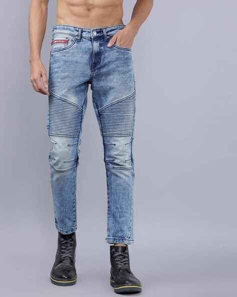 Mid-Wash Panelled 5-Pocket Tapered Jeans