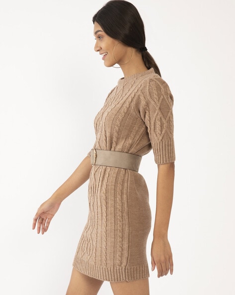 Beige ribbed knitted dress