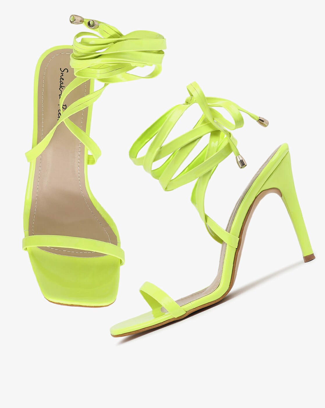 Lime Green Satin Bow Heels Pointy Ankle Strap Sandals Prom Shoes|FSJshoes