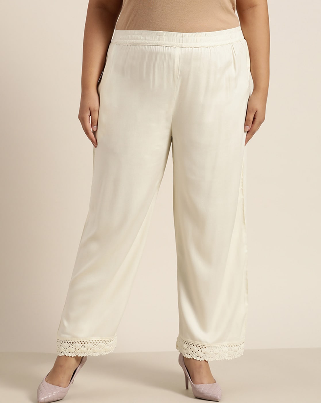 Buy WIDE WHITE HOLLOWLACEUP TROUSER for Women Online in India