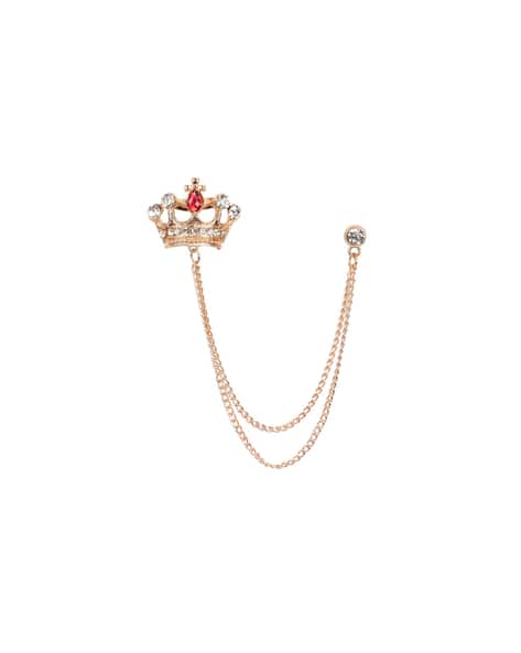 MAHI Rose Gold Plated Royal Crown Crystal Brooch with Chain