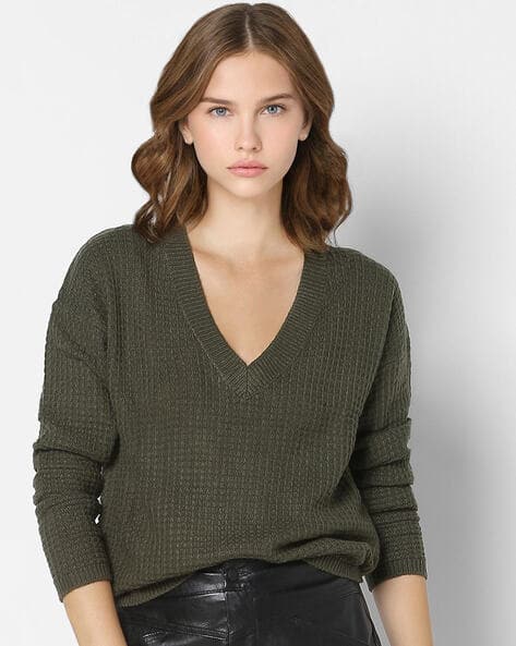 womens sweaters v neck waffle sweater
