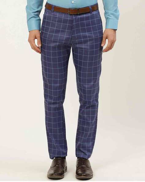 Mens Blue Check Cotton Trouser Formal Wear Chinos
