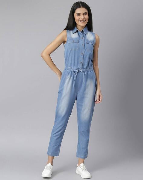 Straight Leg Zip Front Denim Jumpsuit | bebe