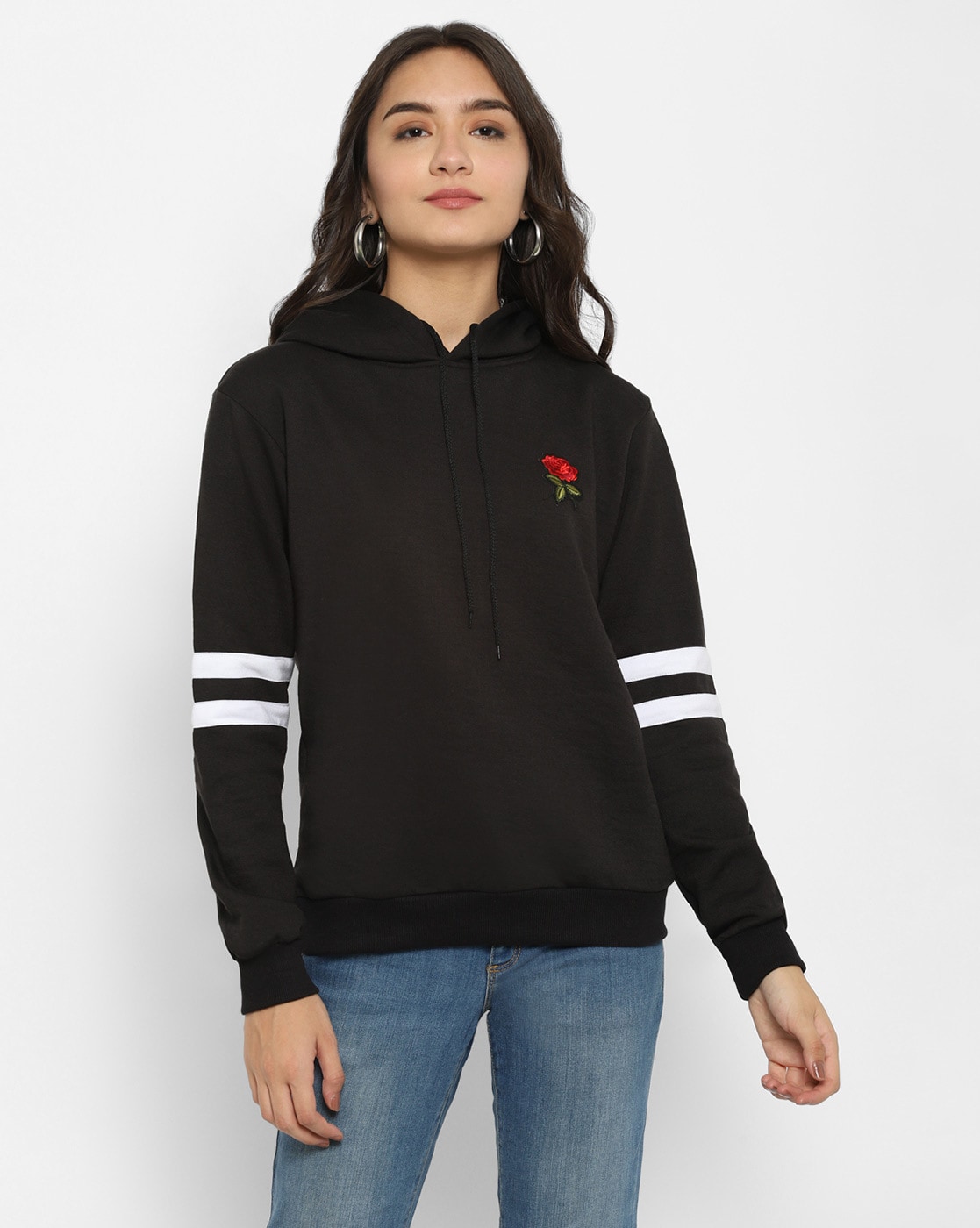 Rose patch 2024 stripe sleeve hoodie