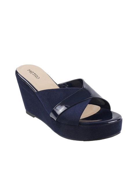 Navy leather 2025 wedge sandals