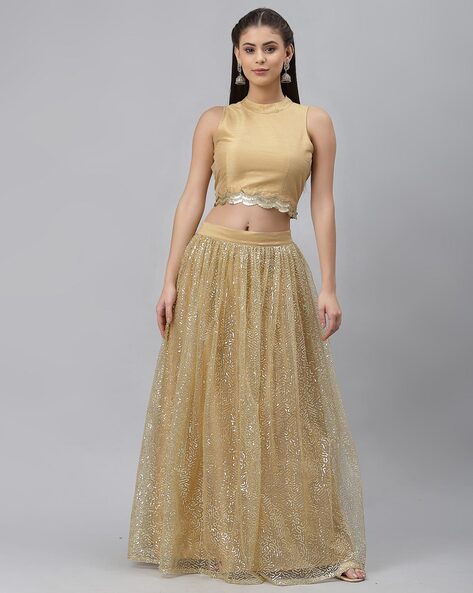 Buy Mitshi beige color designer crop top lehenga #golden lehenga# bridal  lehenga at Amazon.in