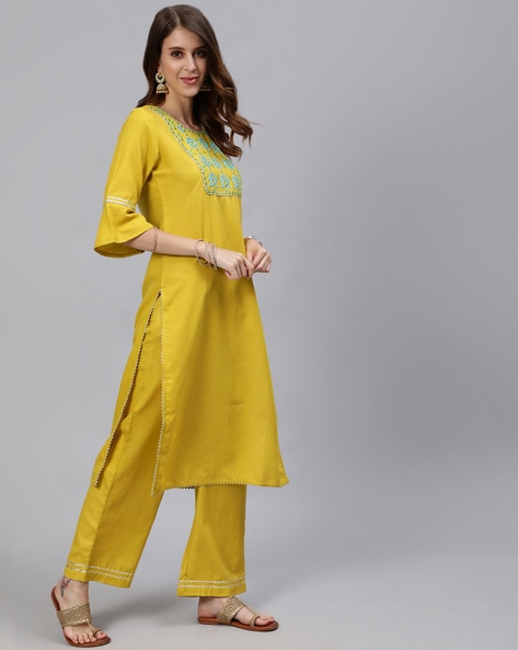 Anouk - By Myntra Indian Women Daily Wear Mustard Yellow Solid A-Line Round  Neck Calf Length Three-Quarter Sleeves Viscose Rayon Kurta Ready To Wear  Dress - Walmart.com