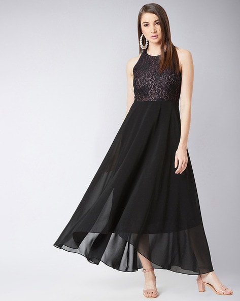 Black Floral Pattern Long Prom Dress, Black Evening Dress – shopluu