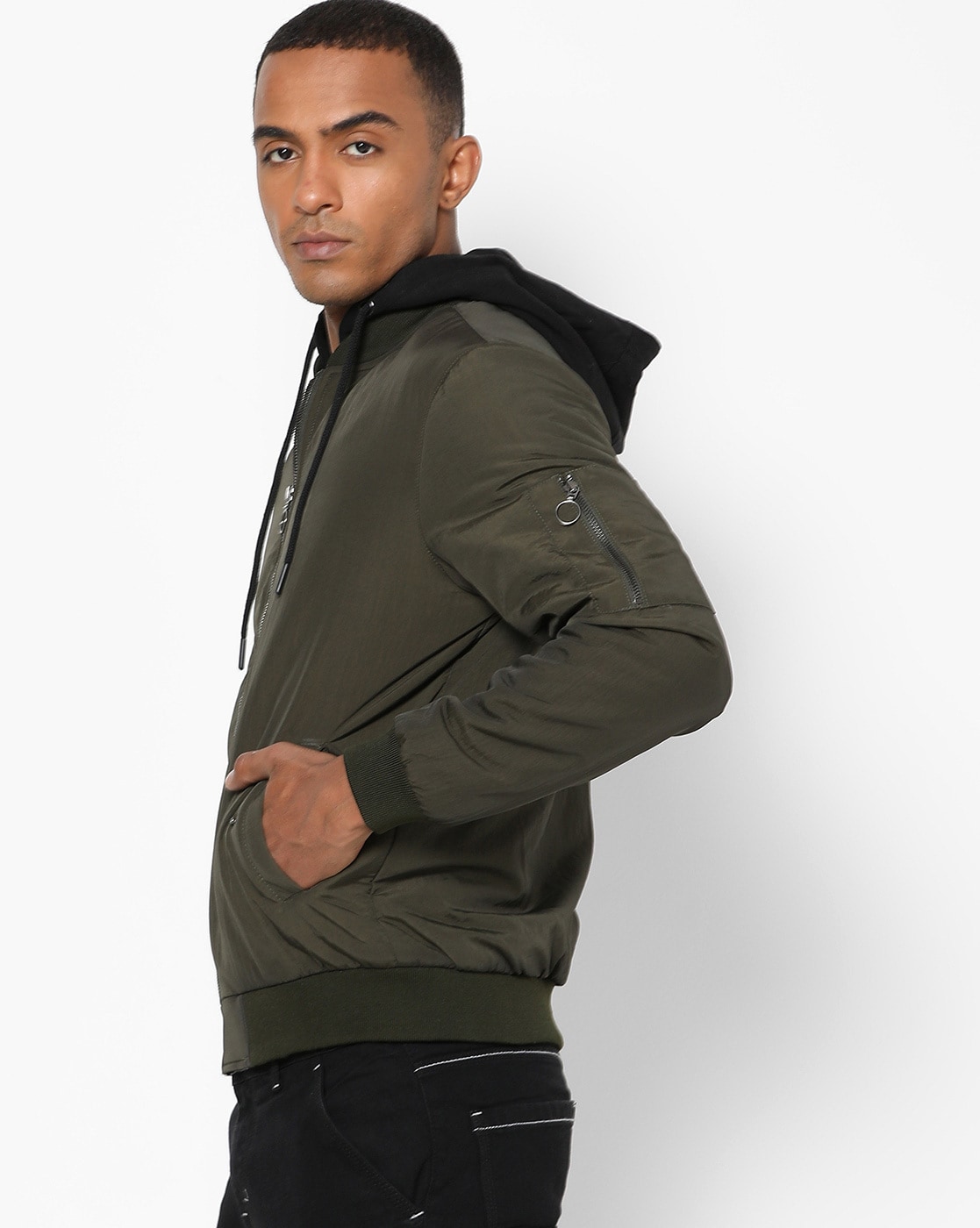 bomber jacket with hoodie underneath