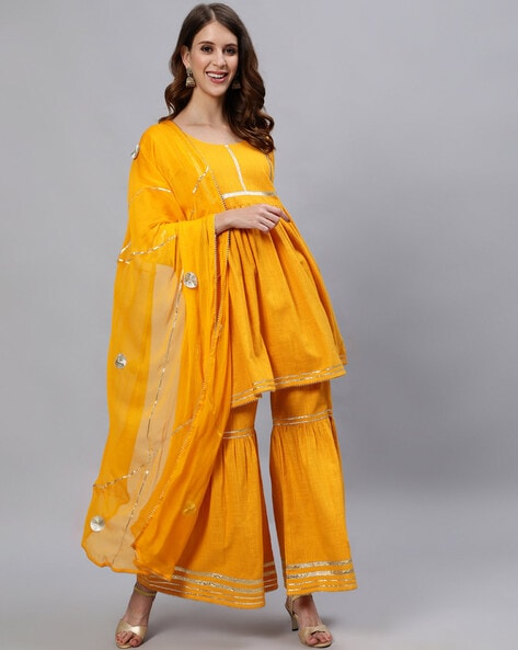 Yellow Overlapping Embellished Kurta with Tier Sharara Pants