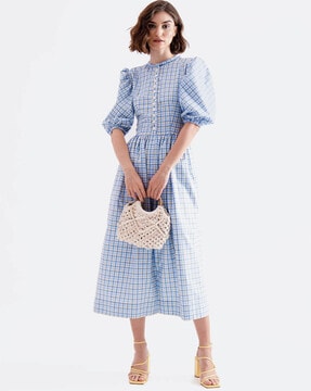 Buy NOTEBOOK Checked A-line Dress with Puff Sleeves | Blue Color Women |  AJIO LUXE