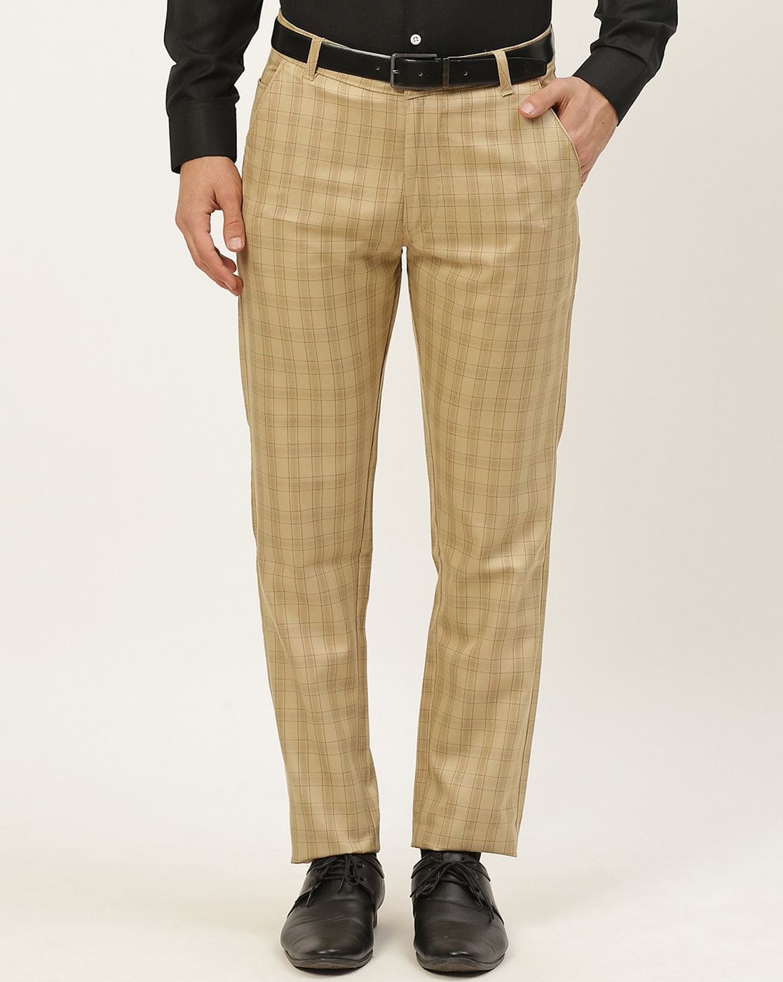 Buy DENNISON Men Beige & Brown Smart Tapered Fit Checked Regular Trousers -  Trousers for Men 10173219 | Myntra