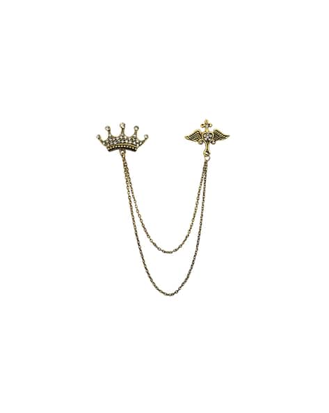 MAHI Gold Plated Double Chain Crown Wing Brooch with Crystal