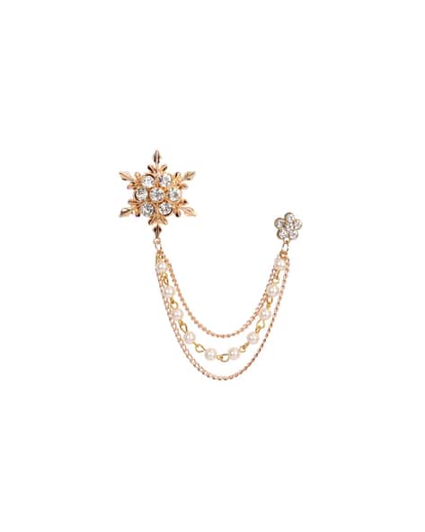 MAHI Rose Gold Plated Stone Studded Snow Flake with Three Chain Brooch Pin