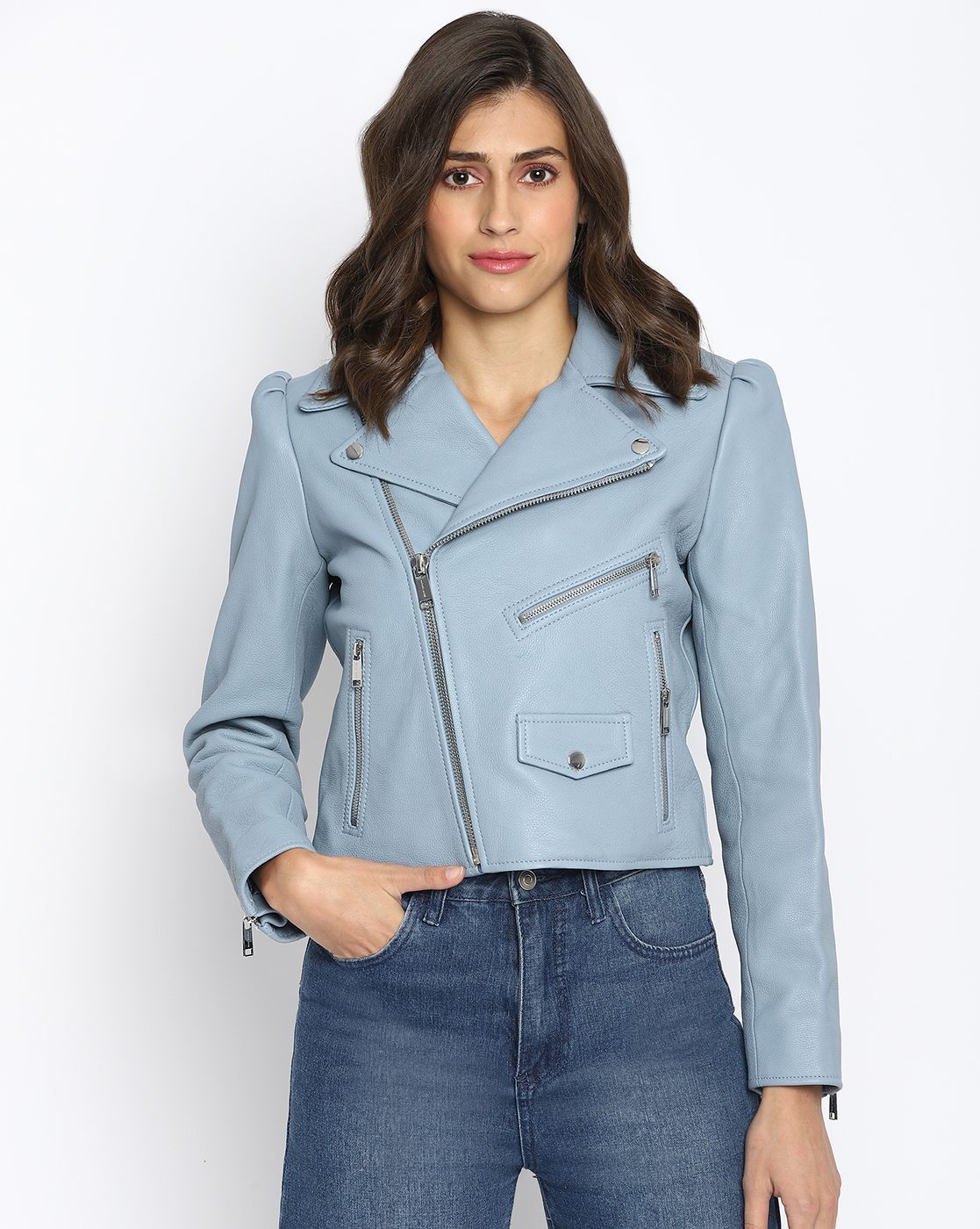 Buy Michael Kors Pebbled Leather Moto Jacket with Puff Sleeves  Chambray  Color Women  AJIO LUXE